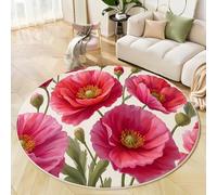 MLSOWM Alfombras de Pelo Corto Hermosas Flores 90cm Alfombras Redondas Campo De Amapolas Alfombra Salon Antideslizante Lavables en Lavadora para salón, Dormitorio Infantil, Comedor, Rojo