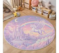 MLSOWM Alfombras Redonda Chica Soñadora para Habitación de los Niños Alfombra Castillo del Caballo Blanco Muy Suave Falso Lanade, Lavable Antideslizante, Lavables en Lavadora, No se Desprenden, 90cm