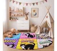 MLSOWM Alfombras Redonda Estilo Pop Art para Habitación de los Niños Alfombra Gato Cómico Muy Suave Falso Lanade, Lavable Antideslizante, Lavables en Lavadora, No se Desprenden, 90cm