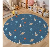 MLSOWM Alfombras Redonda Planeta Espacial para Habitación de los Niños Alfombra Cohetes, Tierra Muy Suave Falso Lanade, Lavable Antideslizante, Lavables en Lavadora, No se Desprenden, 120cm