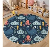 MLSOWM Alfombras Redonda Vida Marina para Habitación de los Niños Alfombra Ballena Muy Suave Falso Lanade, Lavable Antideslizante, Lavables en Lavadora, No se Desprenden, 120cm