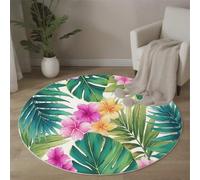 MLSOWM Alfombras Redondas 80cm, Tapete Redondo Hojas Y Flores Tropicales Lavable Antideslizante, Alfombra de Área Acuarela De Plantas Y Flores para Salón, Sofá, Estudio, Comedor, Oficina, Verde