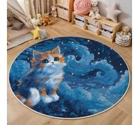 MLSOWM Alfombras Redondas Azul Oscuro 90cm Alfombra Círculo El Gato Mira hacia El Cielo. Antideslizante Lavable Alfombras de área Pelo Corto Cielo Estrellado Mágico para Habitacion Dormitorio Comedor