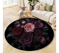 MLSOWM Alfombras Redondas Negro 120cm Alfombra Círculo Rosas Y Hojas De Eucalipto Antideslizante Lavable Alfombras de área Pelo Corto Ramo De Melancolía para Habitacion Dormitorio Comedor