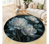 MLSOWM Alfombras Redondas Verde Oscuro 200cm Alfombra Círculo Pintura Al Óleo De Peonía Blanca Antideslizante Lavable Alfombras de área Pelo Corto Estilo De Lujo para Habitacion Dormitorio Comedor