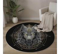 MLSOWM Alfombras Salón Redonda Cabeza De Lobo Sagrado, 80cm Alfombra de Pelo Corto Tótem Misterioso Alfombra Antideslizante Lavables Muy Suave para Salón Comedor o Cama, Gris