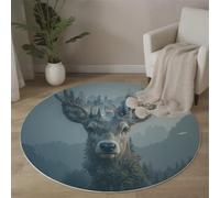 MLSOWM Alfombras Salón Redonda Estatua De Ciervo del Bosque, 80cm Alfombra de Pelo Corto Surrealismo Alfombra Antideslizante Lavables Muy Suave para Salón Comedor o Cama, Azul Grisáceo Claro