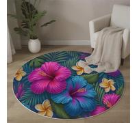 MLSOWM Alfombras Salón Redonda Flores Tropicales Alfombra De Pelo Corto Hibisco Y Frangipani De Verano Alfombra Lavables Antideslizante Muy Suave para salón o Dormitorio, Colores Neón, 80cm