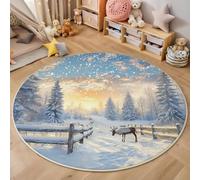 MLSOWM Alfombras Salón Redonda País De Las Maravillas Invernal Alfombra De Pelo Corto Renos del Bosque Alfombra Lavables Antideslizante Muy Suave para salón o Dormitorio, Azul Claro, 120cm