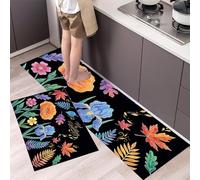 MLSOWM Alfombrillas de Cocina Amapola E Iris Tapetes de Cocina Flores Brillantes Antideslizantes Alfombras Delgadas Resistente para Lavadero, Pasillo, y Comedor, 40x60cm+40x120cm Negro