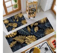 MLSOWM Alfombrillas de Cocina Helechos Tapetes de Cocina Hojas Tropicales Antideslizantes Alfombras Delgadas Resistente para Lavadero, Pasillo, y Comedor, 40x60cm+40x120cm Oro Negro