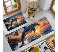 MLSOWM Alfombrillas de Cocina Salto De Delfín Tapetes de Cocina Islas Tropicales Antideslizantes Alfombras Delgadas Resistente para Lavadero, Pasillo, y Comedor, 50x80cm+50x150cm Azul