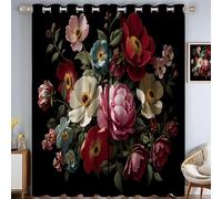MLSOWM Cortinas para Ventanas 2 Piezas 140x160cm, Ramo Elegante Cortina Opaca Estilo Retro Cortinas Termica Aislante Anti Luz con Ojales, Fuerte y Suave, Negro