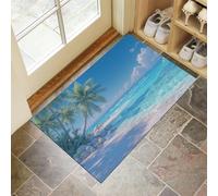MLSOWM Felpudo de Bienvenida con Playa del Cocotero, 80x120cm Felpudo Entrada Casa Costa De Isla Tropical Antideslizante Lavable Alfombra Pasillo de Perfil Bajo para Debajo de la Puerta, Azul Cielo