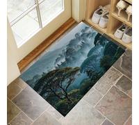 MLSOWM Felpudo Entrada Casa, 40x60cm Alfombra de Puerta Amanecer Bosque Tapetes de Interior Bosque Montaña Brumosa Antideslizante para Decorativo Dormitorios y Zonas Entrada Cuartos, Verde Esmeralda