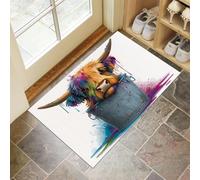 MLSOWM Felpudo Entrada Casa 50x80cm, Alfombra para Puerta Lindo Ganado Tierras Altas Antideslizante Lavable Alfombrilla Arte Graffiti Suaves Absorbentes para Entrada, Pasillo, Cocina, Azul Grisáceo