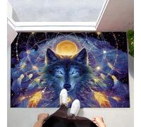 MLSOWM Felpudo Exterior e Interior, 50x80cm Alfombra Entrada Atrapasueños Lobo Antideslizante Felpudo Tótem Misterioso Lavable, fácil de Limpiar para Puerta de casa, balcón, jardín, Azul-Púrpura