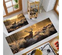 MLSOWM Juego de 2 Alfombra de Cocina Amanecer Bosque Alfombras Antifatiga Pastizales Helados Ciervos Rojos Duraderas Felpudos de Cocina para Pasillo, Comedor y Entrada, 43x75cm+43x120cm, Marrón Claro