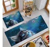 MLSOWM Juego de 2 Alfombra de Cocina Estilo De Ensueño Alfombras Antifatiga El Gato Mira Al Cielo Duraderas Felpudos de Cocina Lavables para Pasillo, Comedor y Entrada, 43x75cm+43x120cm, Azul