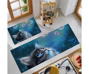 MLSOWM Juego de 2 Alfombra de Cocina Estilo De Ensueño Alfombras Antifatiga El Gato Mira Al Cielo Duraderas Felpudos de Cocina Lavables para Pasillo, Comedor y Entrada, 43x75cm+43x120cm, Azul