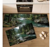 MLSOWM Juego de 2 Alfombras de Cocina Bosque Primigenio Alfombras Tapetes de Cocina Arroyo Naturaleza Salvaje Montaña Antideslizantes Felpudos para Entrada Pasillo Lavadero, 43x75cm+43x150cm