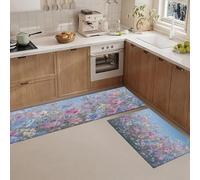 MLSOWM Juego de 2 Alfombras de Cocina Campos De Flores Antideslizantes, Alfombra Ilustraciones Realistas Lavables Absorbentes de Aceite y Agua para Pasillo, Comedor y Entrada, Azul, 43x75cm+43x150cm