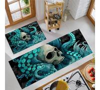 MLSOWM Juego de 2 Alfombras de Cocina Cráneo, Alfombras Lavables Antideslizantes Tentáculos De Pulpo Alfombrilla Absorbente para Pasillo, Comedor y Entrada, 43x75cm+43x150cm Esmeralda