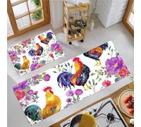 MLSOWM Juego de 2 Alfombras de Cocina Gallo Y Gallina, Alfombras Lavables Antideslizantes Estilo Bohemio Alfombrilla Absorbente para Pasillo, Comedor y Entrada, 43x75cm+43x150cm Púrpura