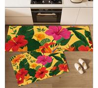 MLSOWM Juego de 2 Alfombras de Cocina Hibisco Y Ave del Paraíso, Alfombras Lavables Antideslizantes Flores Tropicales Alfombrilla Absorbente para Pasillo, Comedor y Entrada, 40x60cm+40x120cm Amarillo