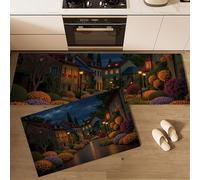 MLSOWM Juego de 2 Alfombras de Cocina Noche Lluviosa Calles Europeas Alfombras Tapetes de Cocina Ciudad Cuento Hadas Europea Antideslizantes Felpudos para Entrada Pasillo Lavadero, 43x75cm+43x120cm