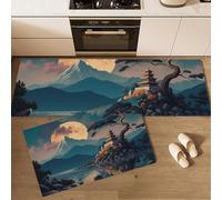 MLSOWM Juego de 2 Alfombras de Cocina Pabellón Octogonal Antiguo Junto Lago Tapetes de Cocina Paisajes Japoneses Antideslizantes Alfombra de Piso para Pasillo Entrada lavandería, 40x60cm+40x120cm