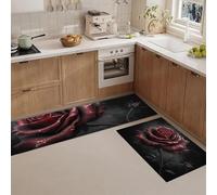 MLSOWM Juego de 2 Alfombras de Cocina Rosa Roja Gótica Antideslizantes, Alfombra Estilo De Arte Oscuro Lavables Absorbentes de Aceite y Agua para Pasillo, Comedor y Entrada, Negro, 40x60cm+40x120cm