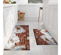 MLSOWM Juego de 2 Tapetes de Cocina Antifatiga Antiguo Alfombra de Cocina de Antideslizante Lavable Muro Ladrillos En Ruinas para Entrada, Comedor y Escritorio de Pie, 43x75cm+43x150cm, Rojo Ladrillo