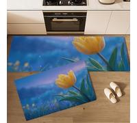 MLSOWM Juego de 2 Tapetes de Cocina Antifatiga Campos Flores Silvestres Alfombra de Cocina de Antideslizante Lavable Tulipán para Entrada, Comedor y Escritorio de Pie, 50x80cm+50x150cm, Azul
