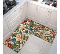 MLSOWM Juego de Alfombras de Cocina, 2 Piezas Alfombrillas de Corredor Peonía Retro Antideslizantes Tapetes de Cocina Flores del Palacio para Lavandería, Entrada y Pasillo, 40x60cm+40x120cm