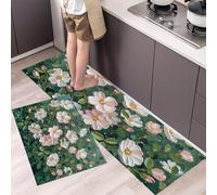 MLSOWM Juego de Alfombras de Cocina Antideslizantes, Rosa Silvestre Blanca Tapetes de Cocina Pintura Al Óleo Abstracta Felpudos Lavable a Máquina para Cocina, lavandería, Fregadero, 40x60cm+40x120cm