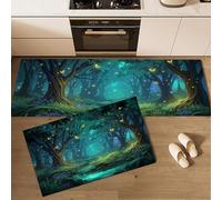 MLSOWM Juego de Alfombras de Cocina Antideslizantes, Tapetes de Cocina Arroyo Mariposas Luciérnagas Alfombra de Piso Bosque Mágico Cuento Hadas para Comedor, Fregadero, Lavadero, 40x60cm+40x120cm