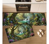 MLSOWM Juego de Alfombras de Cocina Antideslizantes, Tapetes de Cocina Plantas Mágicas Cascada Alfombra de Piso Selva Tropical Fantástica al Aceite para Comedor, Fregadero, vadero, 50x80cm+50x150cm