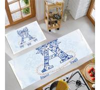 MLSOWM Juego de Alfombras de Cocina Artístico Porcelana Azul Blanca Antideslizantes Alfombrillas Letra A Absorbentes, Alfombras y Tapetes de Cocina Lavable para Lavadero Comedor, 43x75cm+43x120cm
