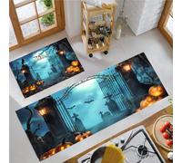 MLSOWM Juego de Alfombras de Cocina Cementerio Desolado Antideslizantes, 40x60cm+40x120cm Tapete Cocina Puerta Hierro, Farol Calabaza Lápida Fácil de Lavar para Zona del Fregadero, Placa de Cocción