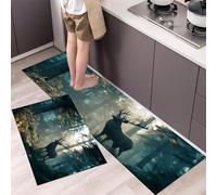 MLSOWM Juego de Alfombras de Cocina de 2 Piezas, 40x60cm+40x120cm Alfombra Pasillo Luz La Mañana Bosque Antiguo Alfombra de Piso Dólares Tapete de Cocina para Pasillo, Comedor y Entrada, Verde