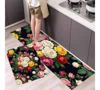 MLSOWM Juego de Alfombras de Cocina de 2 Piezas, 40x60cm+40x120cm Alfombra Pasillo Pintura Al Óleo Realista Alfombra de Piso Peonía Lujo Tapete de Cocina Antideslizantes para Comedor y Entrada,