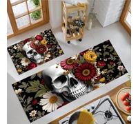 MLSOWM Juego de Alfombras de Cocina Gótico Retro Antideslizantes, 40x60cm+40x120cm Tapete Cocina Calaveras Y Flores Resistente y Fácil de Lavar para Zona del Fregadero, Placa de Cocción, Rojo