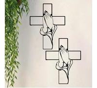 Mlthcig Spiritual Home Decor Cross with Praying Hands, Metal Cross Wall Decors, Elegant Metal Christian Heart Walls Art, Sacred Hearts and Praying Hand, Inspirational Decorative Sculptures(2pcs)