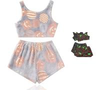 Mlthcig Spooky Vest Pajama Set Halloween Season Wide Leg Shorts Pj Set Luminous Fuzzy Sleeveless Pumpkin Printed Pajamas(Light gray,M)