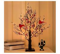 Mlthcig Vintage Glowing Tree with Cardinal, Winter Halloween Red Berry Tree Black Branches Tall Removable Cardinals Ornament, Lighted Birch Bonsai Table Top Centerpiece for Christmas Decorations