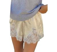 Mlthcig Women Silk Lace Shorts Satin Elastic Waist Lace Trim Mini Shorts Silk Patchwork Lounge Underwear Sleep Fish Net Sexy(Caqui,L)