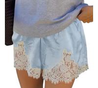 Mlthcig Women Silk Lace Shorts Satin Elastic Waist Lace Trim Mini Shorts Silk Patchwork Lounge Underwear Sleep Fish Net Sexy(Blue,S)