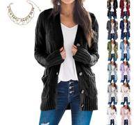 Mlthcig Women's Fall Casual Long Sleeve Button Down Open Front Cable Knit Cardigan Autumn Midi-Length Sweater Knitted Pockets(Negro,2XL)