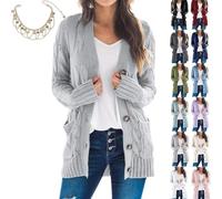 Mlthcig Women's Fall Casual Long Sleeve Button Down Open Front Cable Knit Cardigan Autumn Midi-Length Sweater Knitted Pockets(Dark Grey,S)
